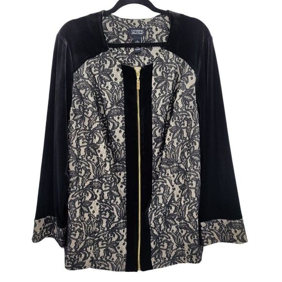 Catherines Sweaters - Catherines Black Label Formal Shacket Top 1X Black Velour Lace Blocking Zip Goth